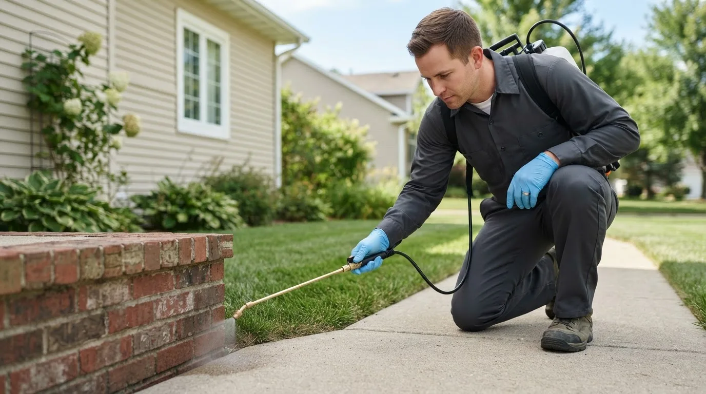 Pest control technician treating a home near Woodstock, VA